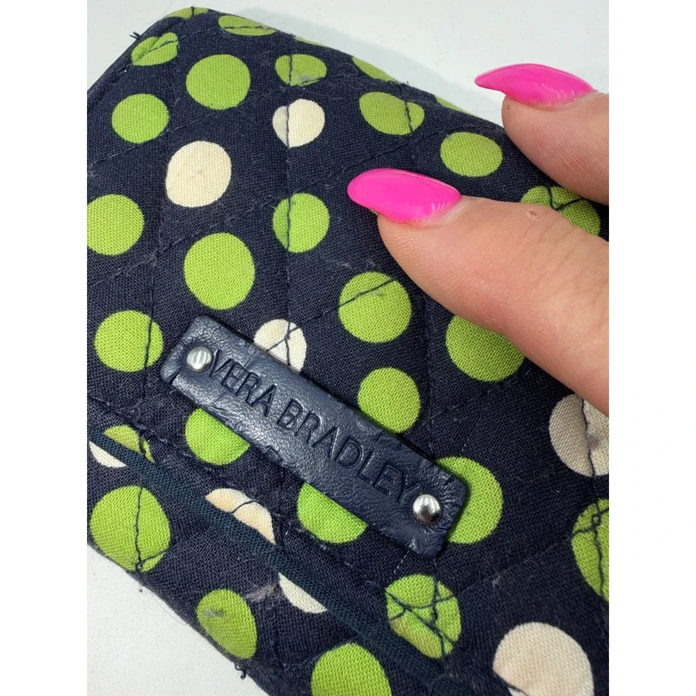 Vera Bradley Trifold Wallet Navy Blue Green Polka Dot Quilted Cotton ID Window